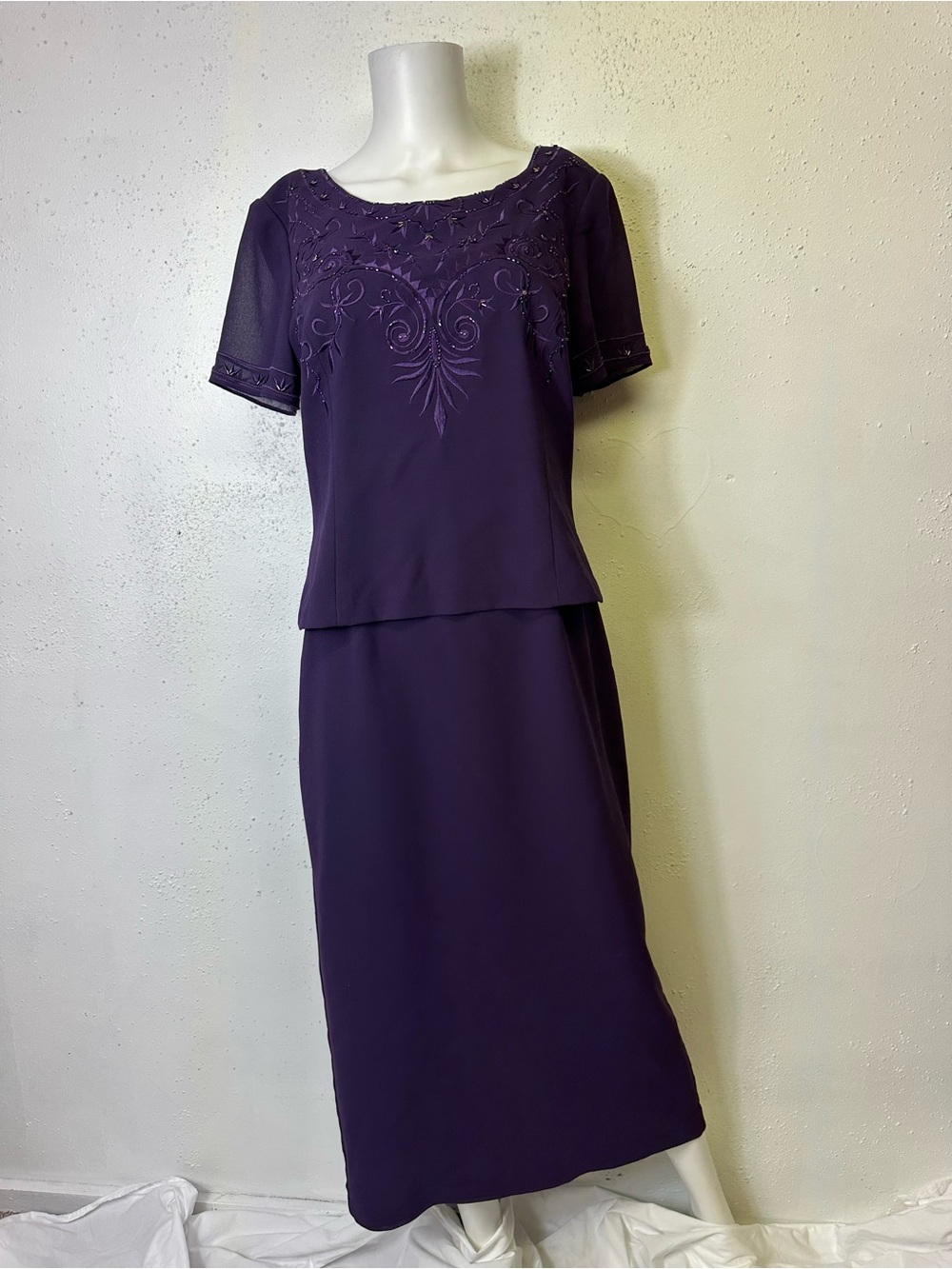 Coldwater Creek Sz 8 Women's Purple Embroidered Beaded Short Sleeve Dress